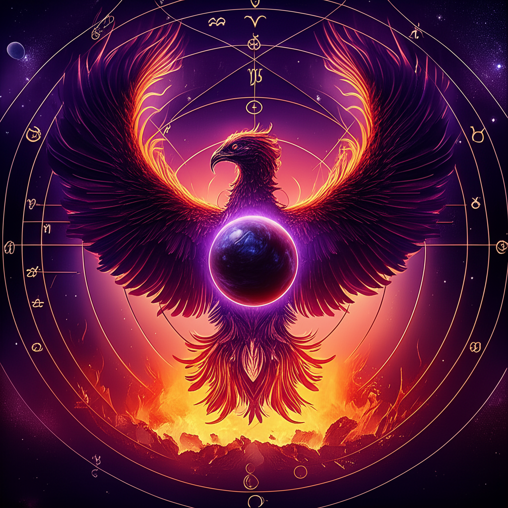 Символическое изображение влияния Плутона в астрологии на трансформацию, где феникс восстает из пепла на фоне мистического Плутона, символизируя смерть, возрождение и обретение истинной силы.