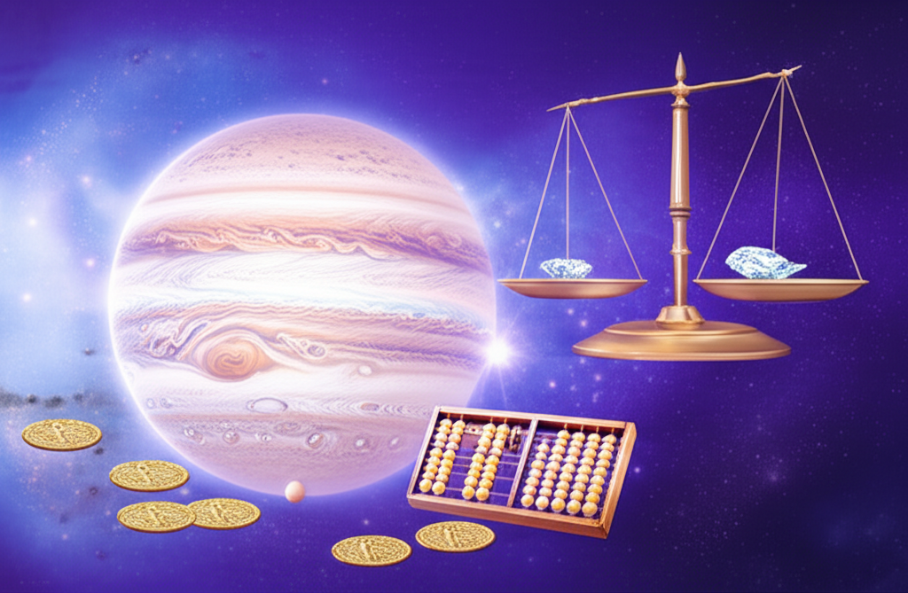 Изображение, символизирующее влияние ретроградного Юпитера на финансы, с мистическими весами, золотыми монетами и планетой Юпитер на фоне космоса.