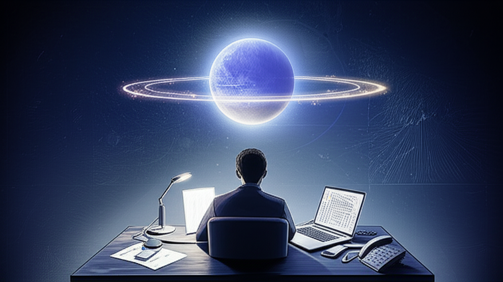 Иллюстрация, символизирующая влияние ретроградного Меркурия на карьеру, где планета Меркурий светится над офисным столом с неисправным компьютером и документами.