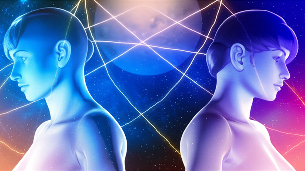 Сюрреалистическое изображение, символизирующее влияние ретроградного Меркурия на отношения, с двумя фигурами, смотрящими в разные стороны, и спутанными линиями связи на фоне космического пейзажа.