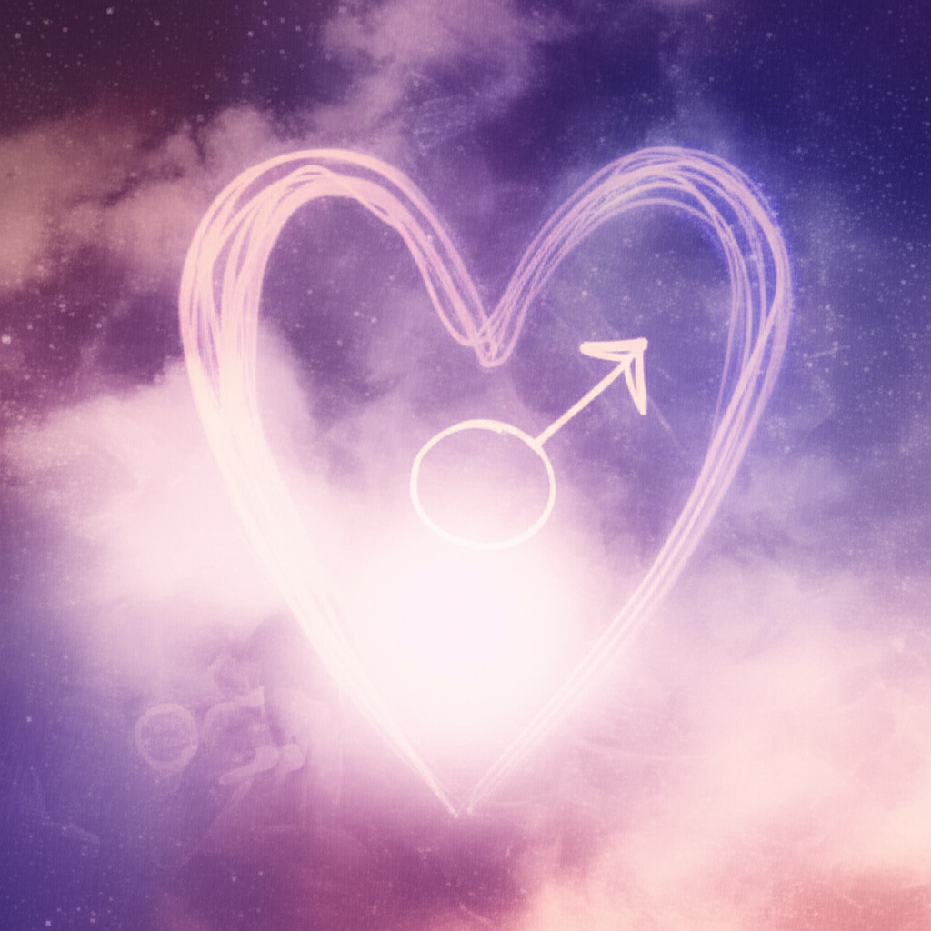 Иллюстрация, символизирующая влияние ретроградной Венеры на любовь через переплетение сердец и астрологических символов на фоне звездного неба, отражающая трансформацию и переосмысление.