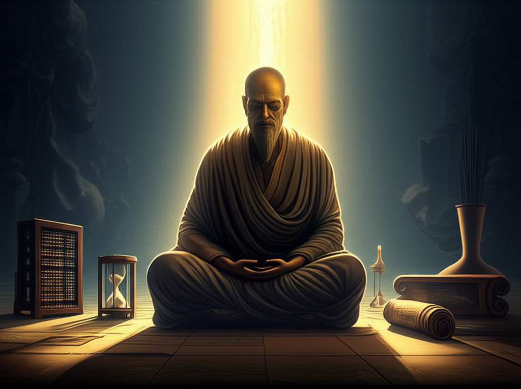 Изображение, символизирующее влияние Сатурна в астрологии на дисциплину, где планета Сатурн отбрасывает тень на сосредоточенного, медитирующего человека.