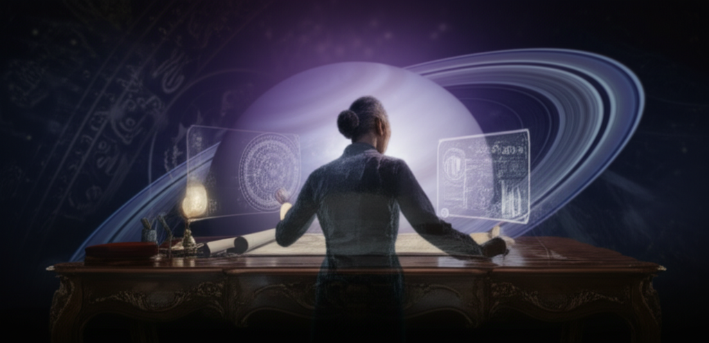 Изображение, символизирующее влияние Сатурна на карьеру в астрологии: величественная планета Сатурн на фоне, серьезный человек за работой, окруженный элементами структуры и времени.