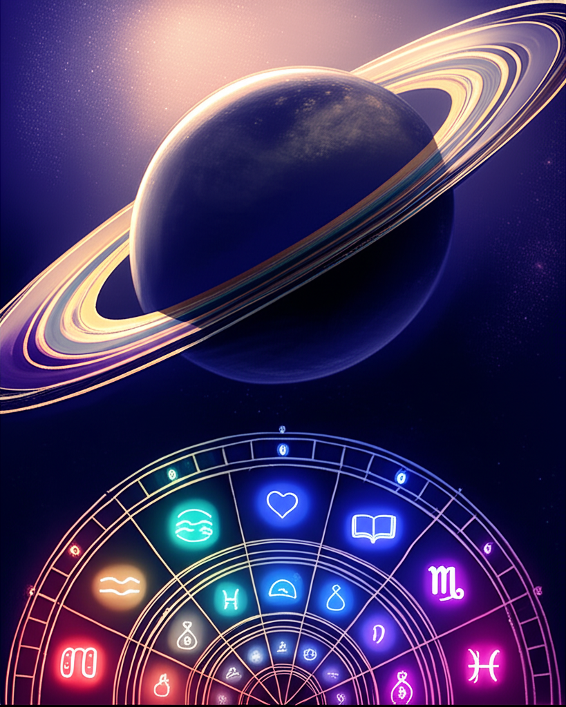 Астрологическая иллюстрация, показывающая глубокое Влияние Сатурна в домах гороскопа, его символическую связь с каждым из 12 секторов.