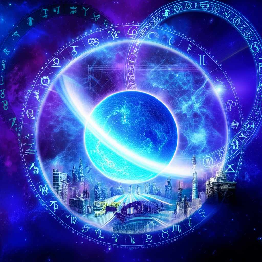 Сюрреалистическая иллюстрация, изображающая планету Уран в окружении космических вихрей и разрушающихся старых структур, символизирующая влияние Урана в астрологии на перемены.
