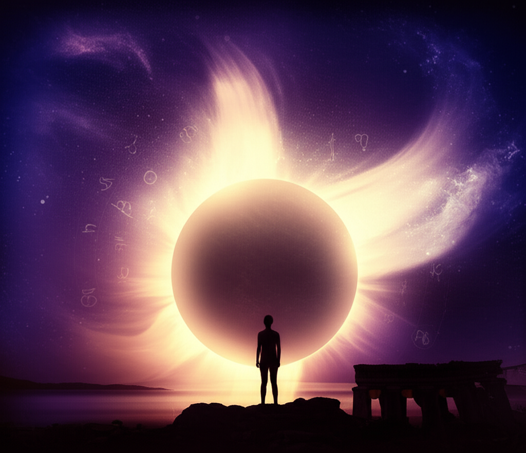 Иллюстрация, изображающая человека, наблюдающего за солнечным затмением, символизирующая Влияние затмений на судьбу человека и его связь с космическими циклами.