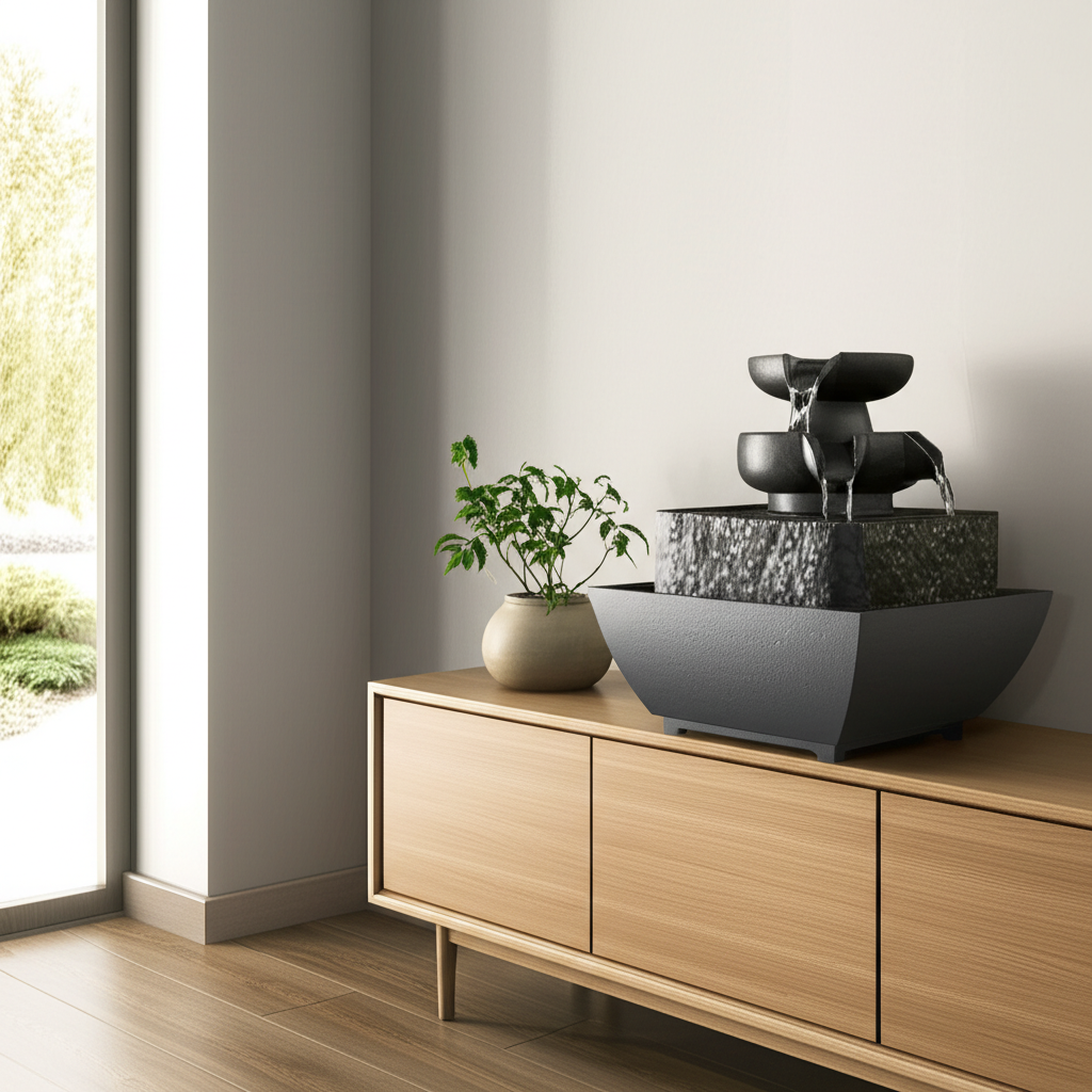 Гармонично расположенная вода в фэн шуй в виде комнатного фонтана для привлечения энергии.