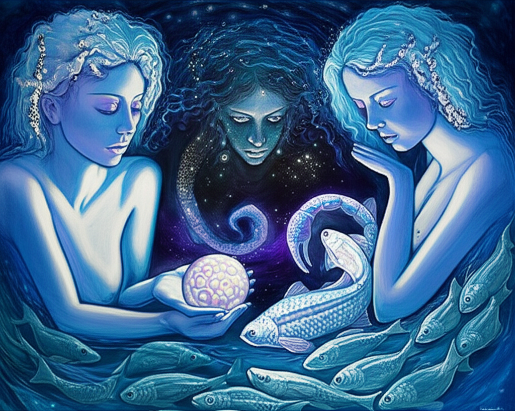 Водная стихия знаки зодиака: символическое изображение Рака, Скорпиона и Рыб.