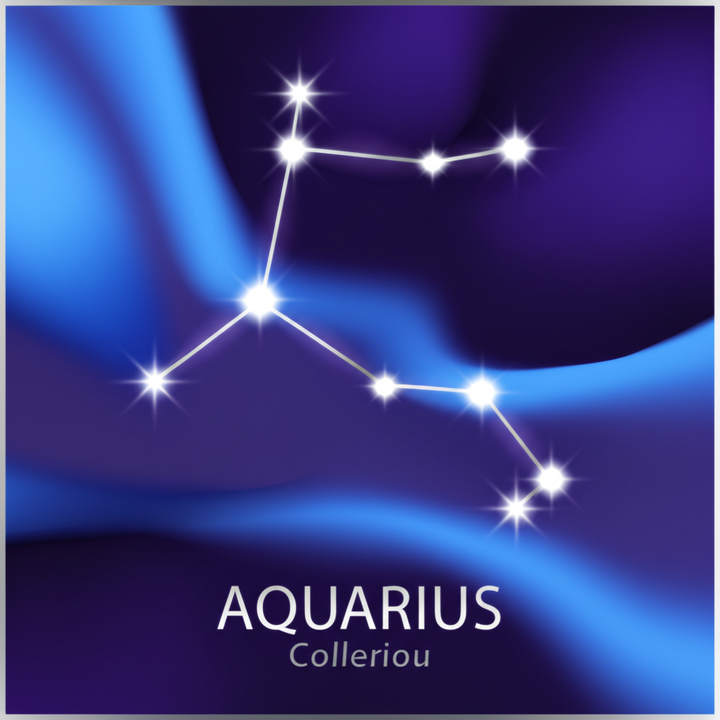 Астрономическая карта, где детально показаны водолей даты с какого числа по какое на фоне звездного неба.