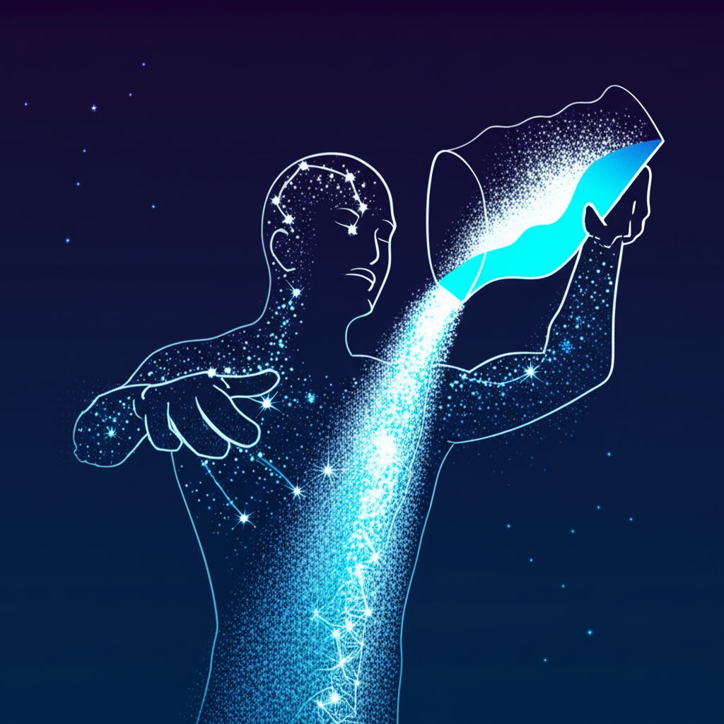 Символическое изображение, раскрывающее, водолей это воздух или вода, где фигура из созвездий льет свет, а не жидкость.