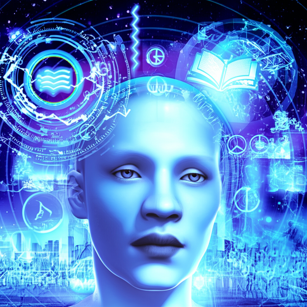 Загадочный Водолей, окруженный футуристическими символами инноваций и свободной мысли, иллюстрирующий водолей и его странности.