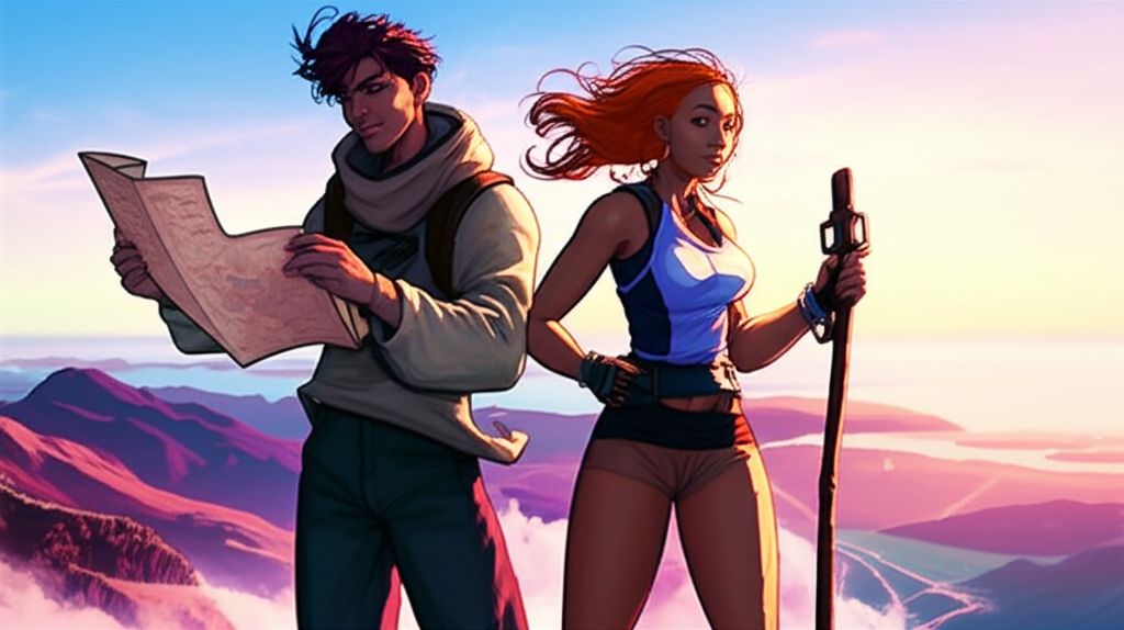 Пара, представляющая знак зодиака Водолей и Овен, на фоне захватывающего пейзажа, символизирующая их совместимость и любовь к приключениям.