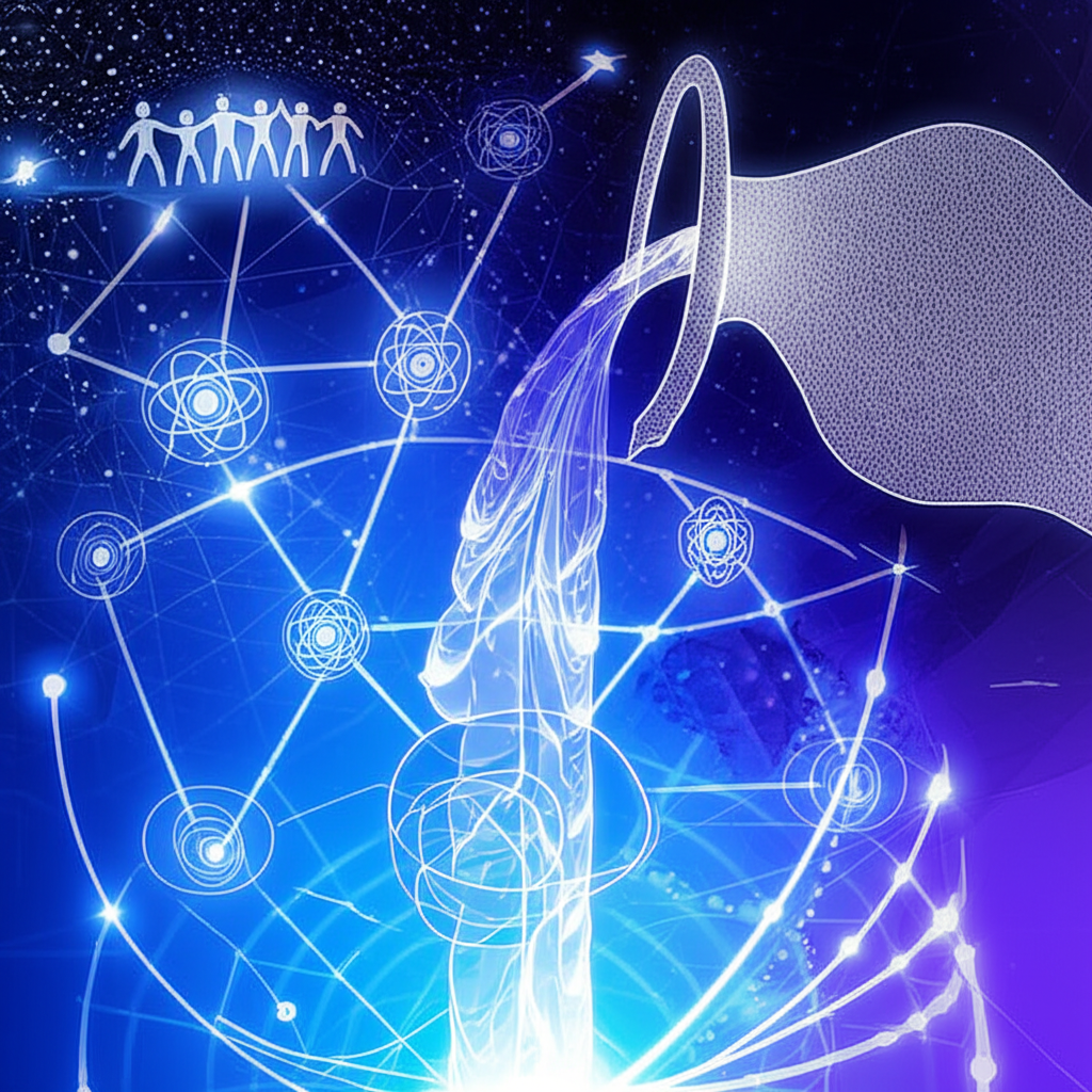 Символическое изображение, где водолей месяц представлен в виде фигуры, льющей звездную воду, создающую нейронную сеть.