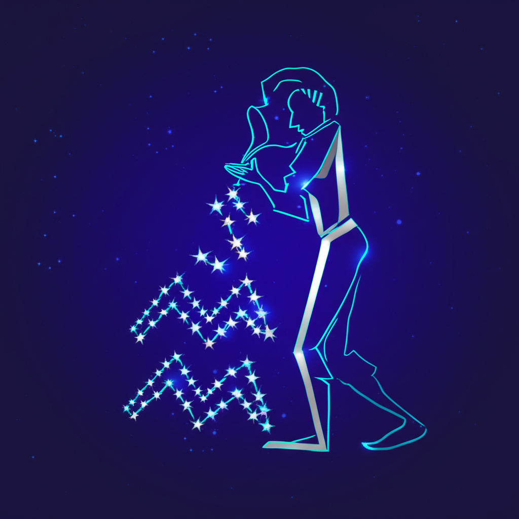 Астрологическая иллюстрация, показывающая, водолей с какого числа по какое число месяца, с символом знака на фоне космоса.