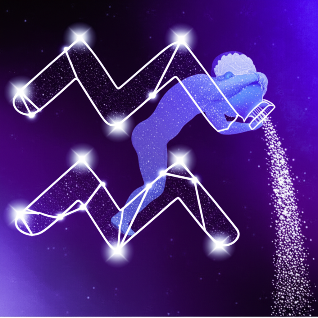 Водолей созвездие на фоне ночного неба с изображением мифического водоноса, льющего воду из кувшина.