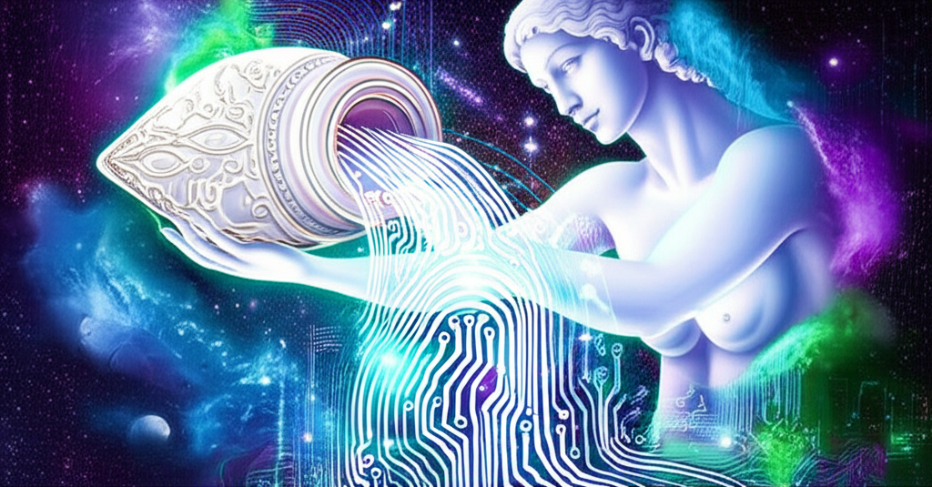 Завораживающее изображение Водолея в астрологии, символизирующее новаторство и поток знаний, льющийся на человечество.