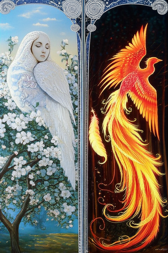 Волшебные птицы Алкион Жар-птица на иллюстрации, символизирующей славянские мифы.