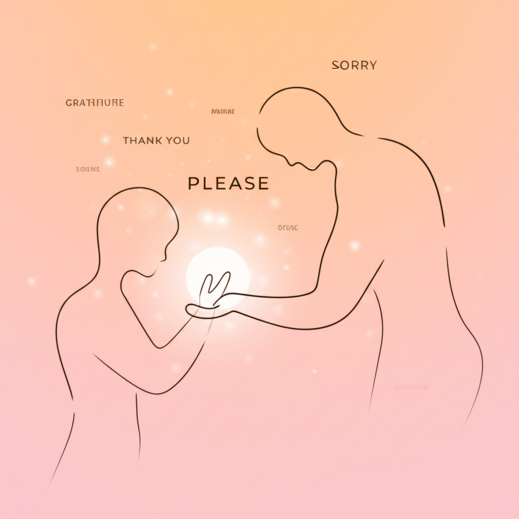 Два человека обмениваются рукопожатием, вокруг них светятся волшебные слова «спасибо» и «пожалуйста».