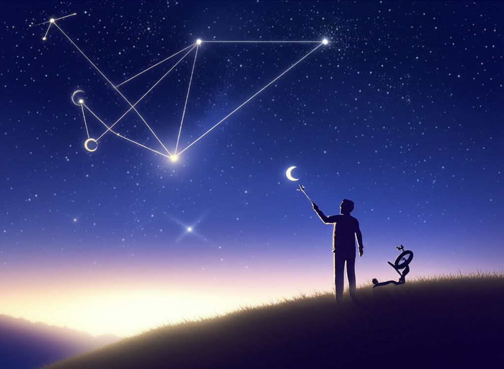 Человек смотрит на звездное небо, где созвездия образуют план, чтобы воплощайте мечты.