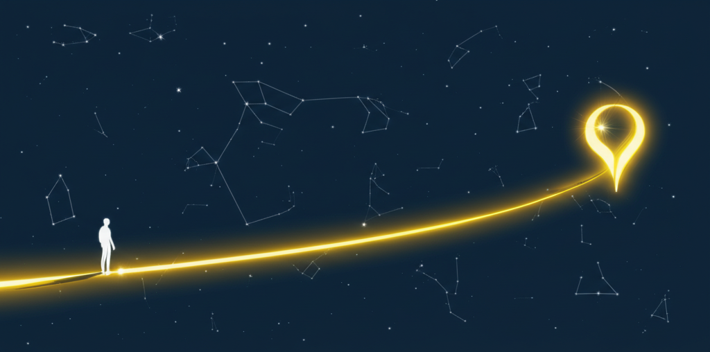 Символическая иллюстрация, где восходящий узел в натальной карте это сияющий вектор развития души на фоне звёздного неба.
