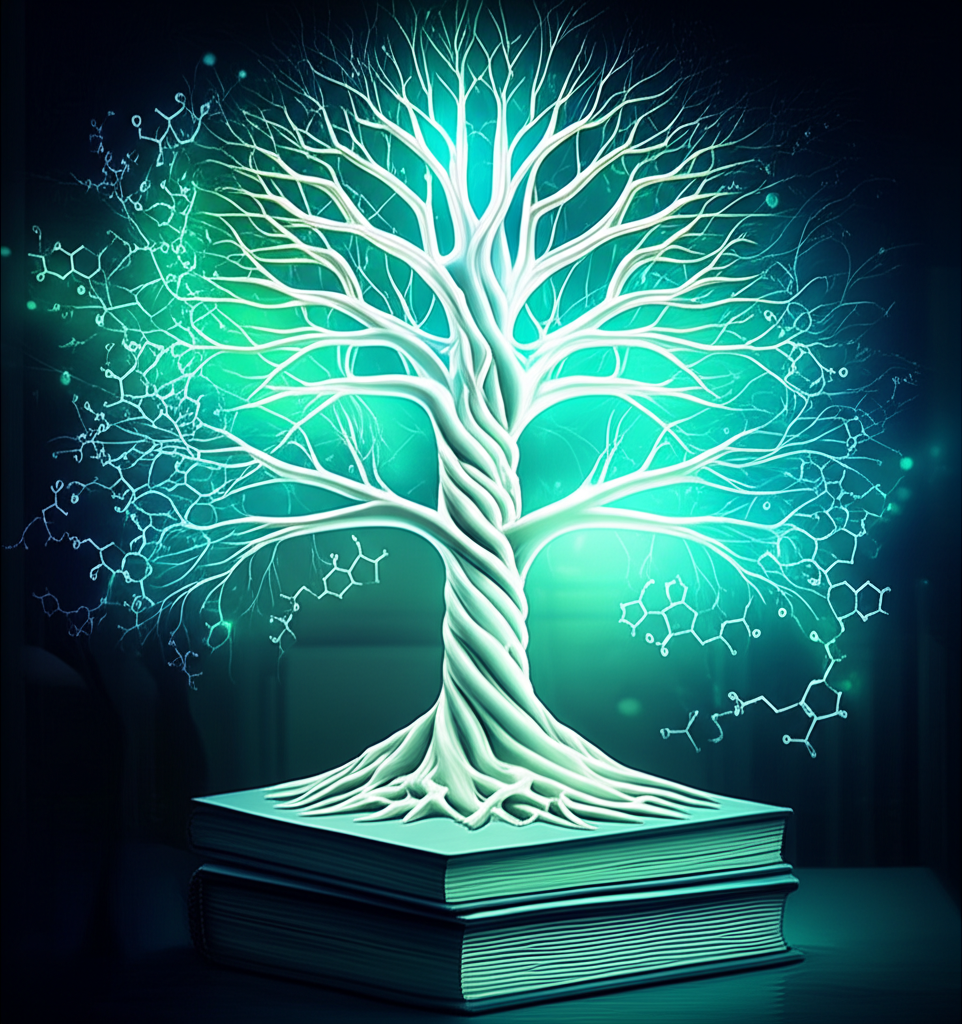 Символическое восхваление 100 лекарств в виде светящегося древа жизни, произрастающего из книг знаний в научной лаборатории.