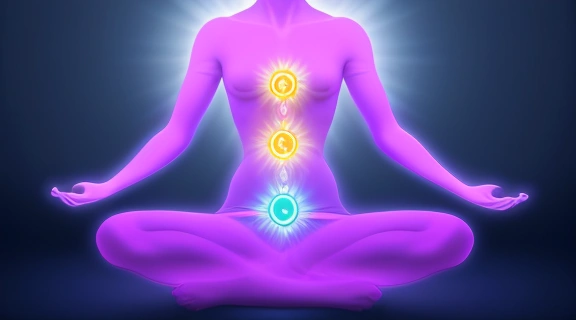 Стилизованное изображение человека в медитации, демонстрирующее семь светящихся чакр, что символизирует процесс восстановить чакры и достигнуть внутренней гармонии.