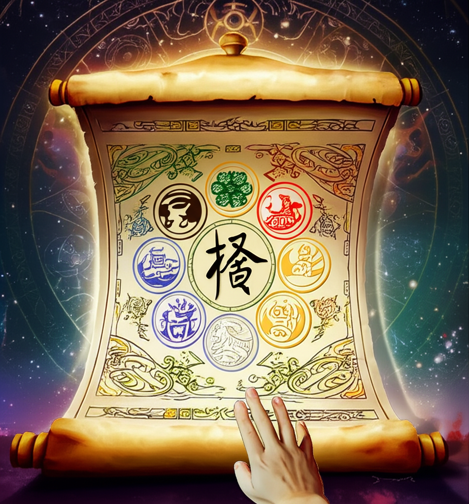 Иллюстрация: древний свиток с символами китайских зодиакальных животных и пятью элементами, на фоне космического пейзажа, отражающая восточная астрология для начинающих уроки.