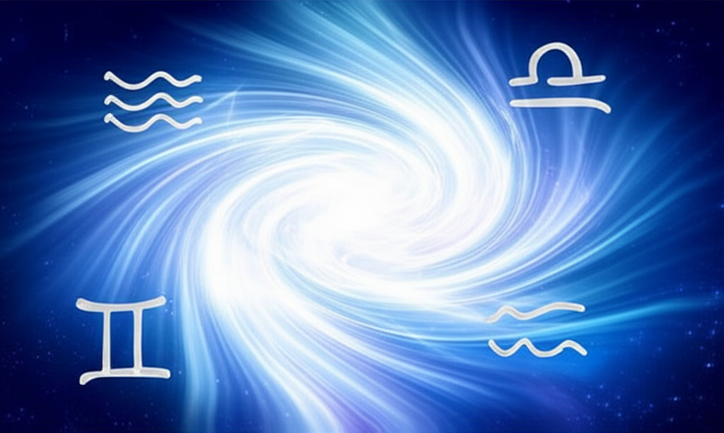 Эфирное изображение, символизирующее воздух в астрологии, с вихрем голубых и серебряных потоков и знаками Близнецов, Весов, Водолея.