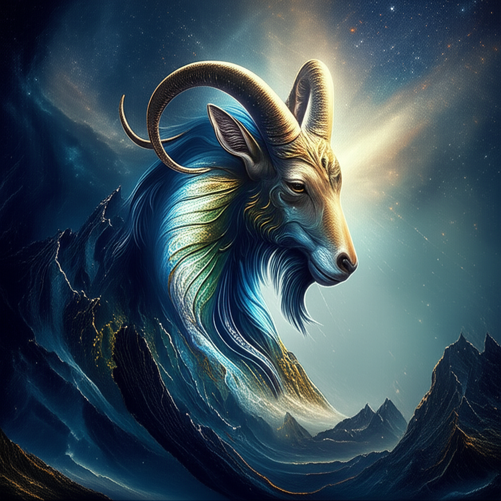 Величественное изображение мифологического существа — морского козла, символизирующего знак зодиака Козерог в астрологии, на фоне гор и звездного неба, с элементами космического сияния.