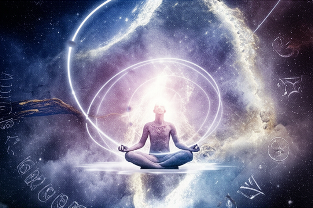Изображение демонстрирует медитирующего человека, окруженного космическими вихрями, где все планеты ретроградные в карте представлены как внутренние, интроспективные энергетические пути, символизирующие глубокое самопознание.