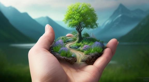 Человеческие руки, держащие в ладонях миниатюрный мир с тропинкой и деревом, символизирующие, что все в наших руках и мы создаем свою реальность.