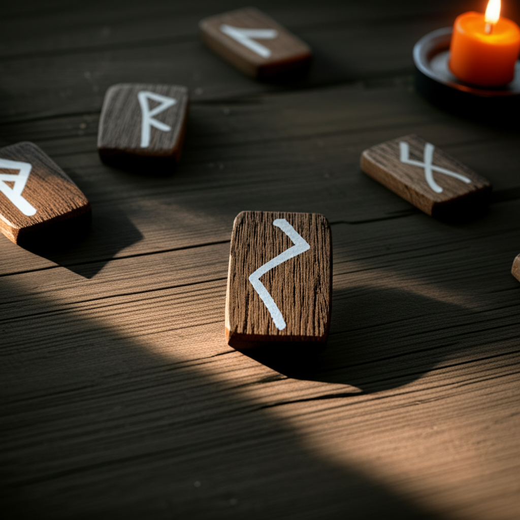 Различные виды гаданий на рунах, разложенных на деревянном столе при свете свечи.