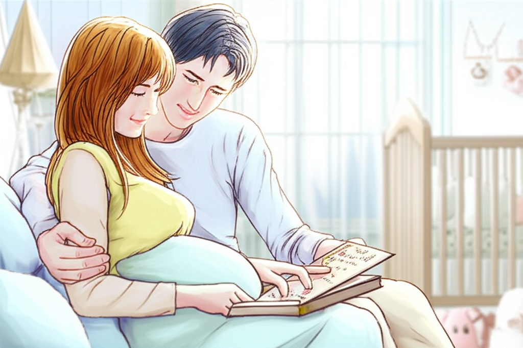 Молодая пара осуществляет выбор имени для малыша, с любовью листая книгу в светлой детской комнате.