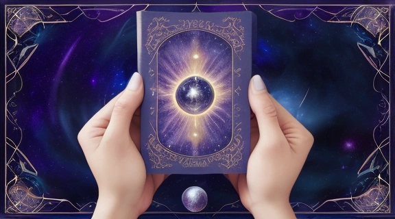 Изображение мистической руки, держащей колоду таро, с на заднем плане звездное небо и знаки зодиака, иллюстрирующее тонкости выбора колоды таро положение луны гороскоп.