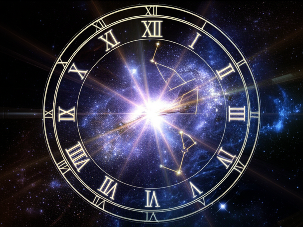 Таинственный высший зодиак созвездие Часов на фоне космического циферблата.