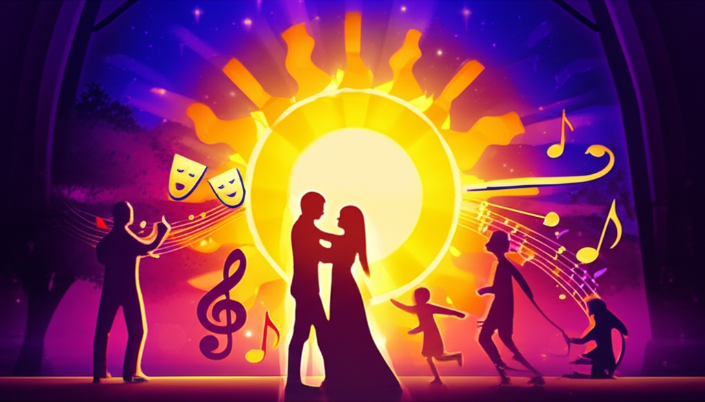 Символическое изображение того, за что отвечает 5 дом в натальной карте, с элементами творчества, любви и детей.