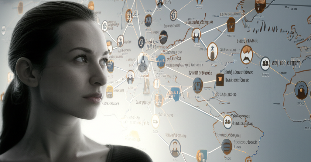 Женщина анализирует, за кого выйти замуж, рассматривая символическую карту жизненных путей и ценностей.