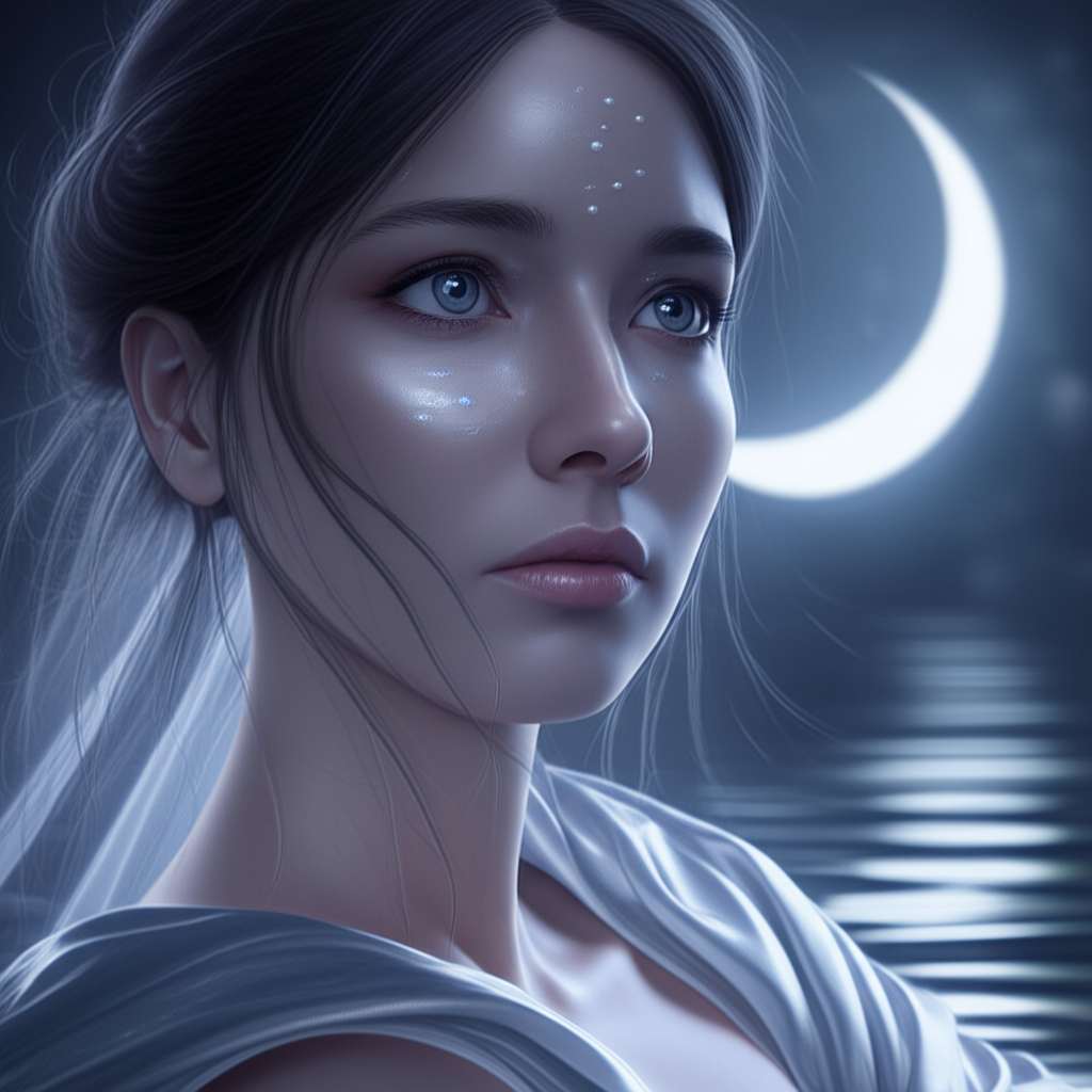 Задумчивая женщина-Рак, символизирующая глубокий эмоциональный мир, в котором знак зодиака Рак женщина любовь и ревность проявляются особенно ярко.