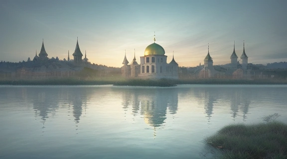 Загадочный подводный мир: Золотые купола и стены Легенды о китеж-граде, сияющие сквозь толщу воды озера Светлояр на закате.