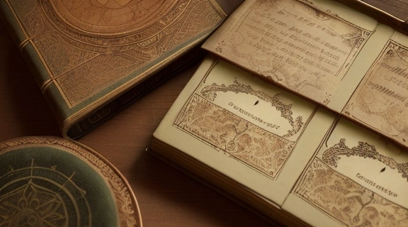 Старинная колода Загадочная ленорман, раскрытая на столе рядом с антикварной книгой, освещенная мягким светом.