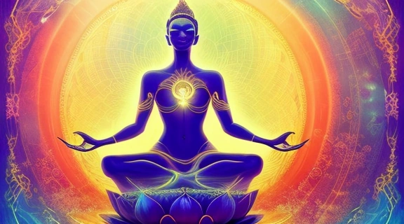 Визуализация концепции Закон притяжения исполнение желаний, где человек медитирует, а его мечты материализуются из света.