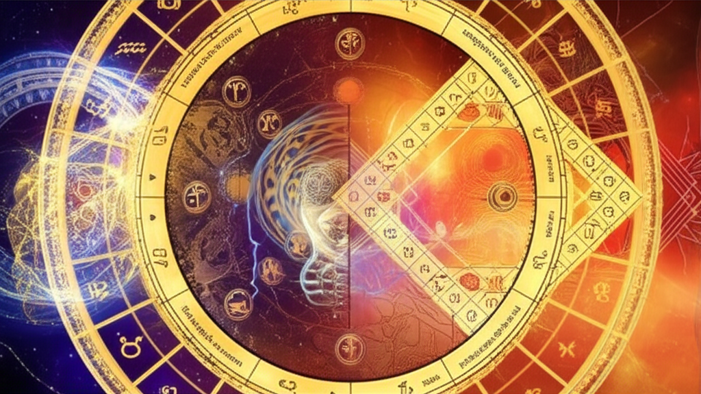 Символическое изображение, объединяющее элементы западной и ведической астрологии, демонстрирующее их уникальные подходы и общую цель.