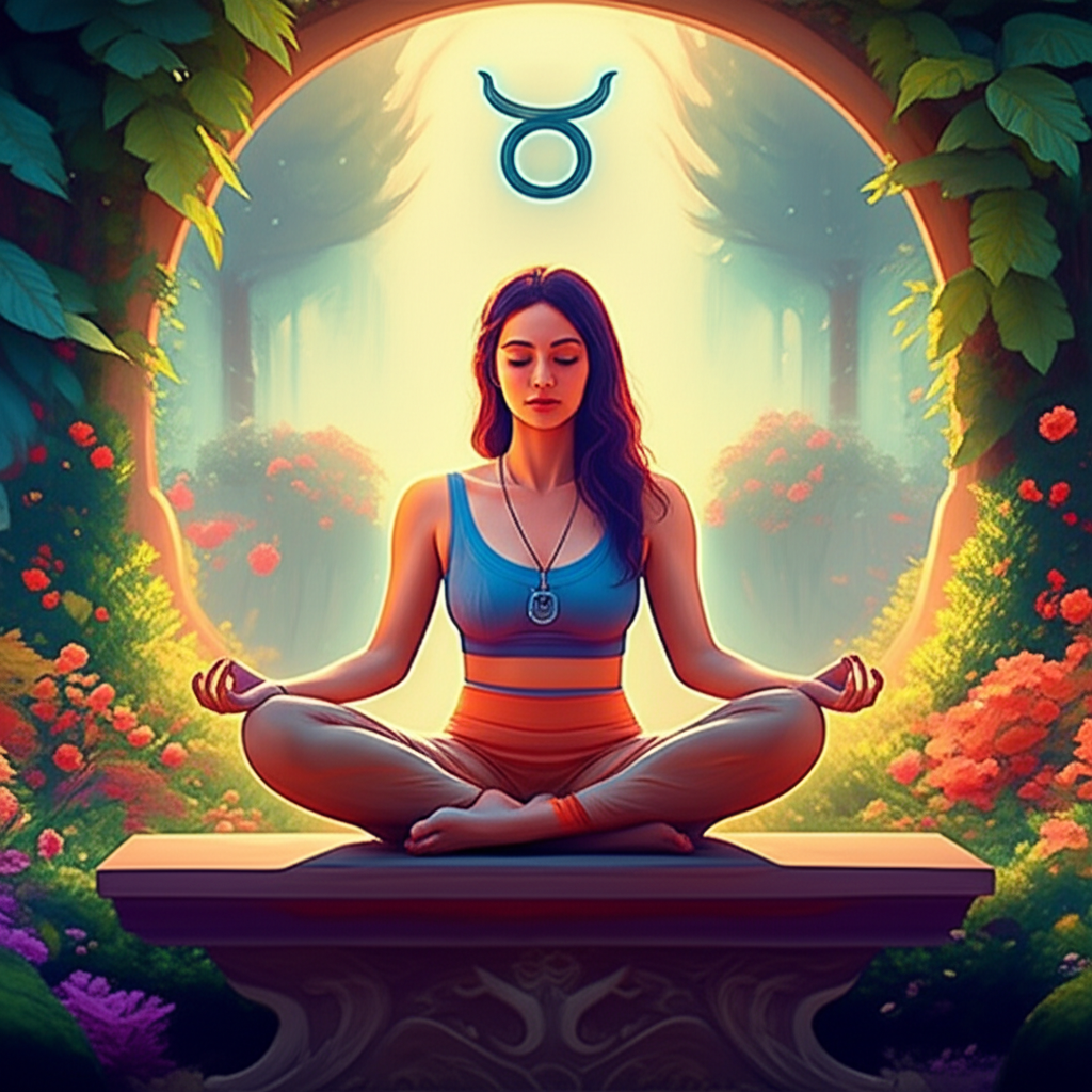 Изображение женщины-Тельца, медитирующей в саду, символизирующее характеристики знака зодиака Телец и его связь со здоровьем.