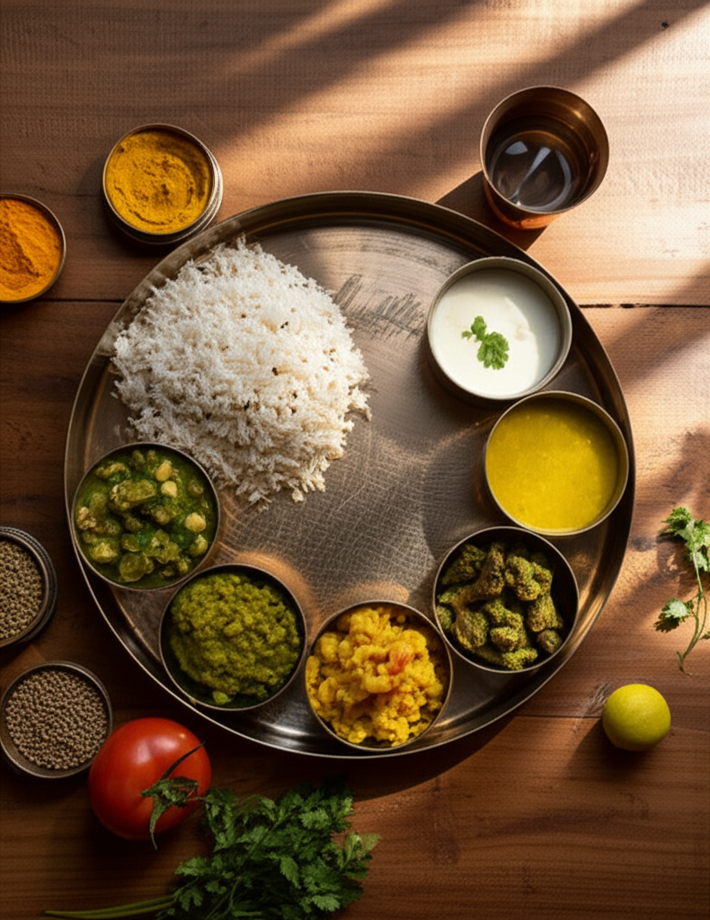 Здоровое питание ведические правила: сбалансированная тарелка с рисом, овощами и специями.