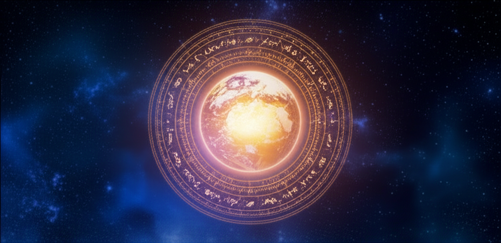 Символическое изображение планеты Земля в астрологии, окруженной зодиакальными знаками и космическими элементами, демонстрирующее её центральное место.