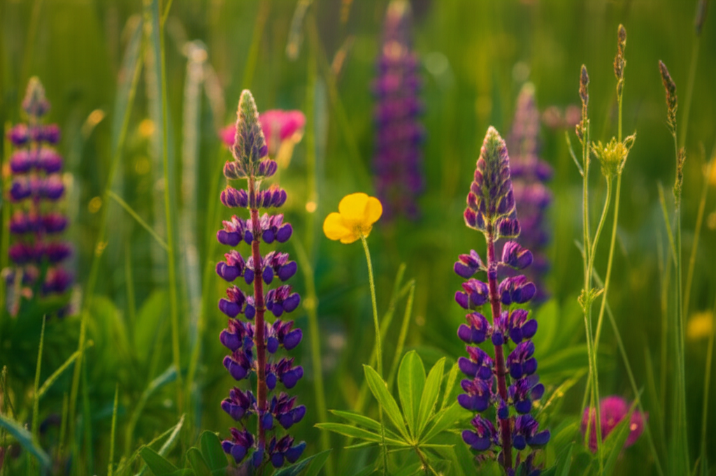 Великолепные земные цветы в поле, освещенные лучами утреннего солнца.