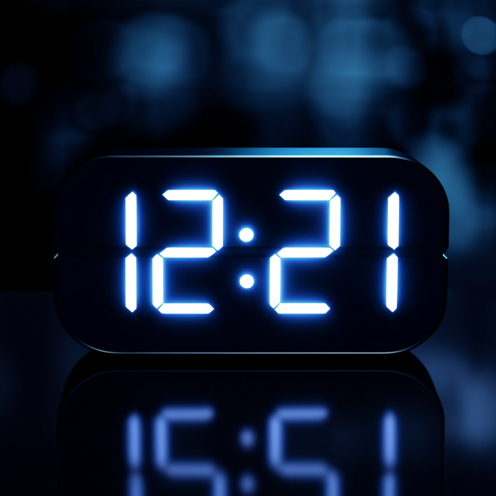 Цифровой циферблат с комбинацией 12:21, который объясняет, зеркальные числа на часах что значит.
