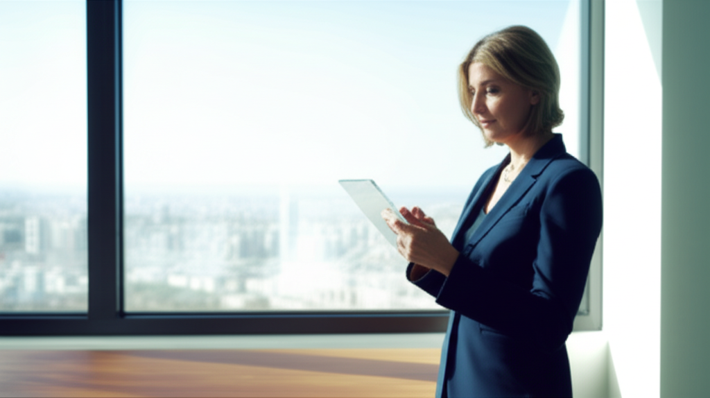 Уверенная женщина руководитель анализирует данные в светлом современном офисе.