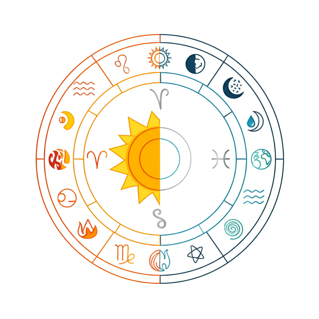 Стилизованная инфографика, иллюстрирующая женские и мужские знаки зодиака через символы стихий и планет.