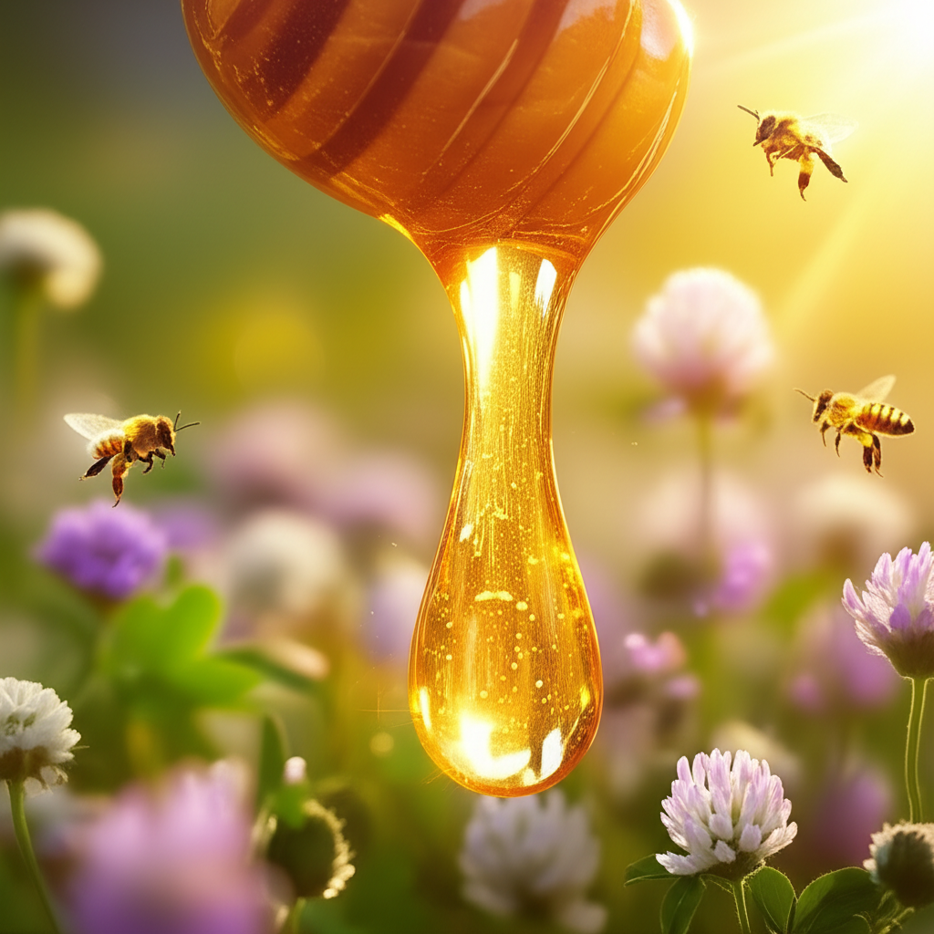 Густая капля меда на деревянной ложке — настоящее живое золото природы.